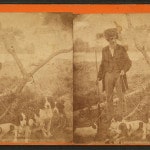 Stereoaufnahme Ende 1900: Man with six beagles and a rifle in his hand. 1865-1920