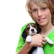 child holding, pet beagle puppy dog